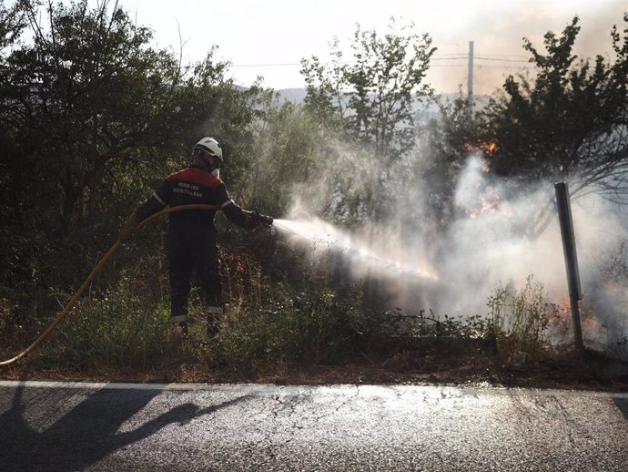 Varios bomberos trabajan para extinguir el incendio, a 24 de agosto de 2023, en Artajona, Navarra (España).