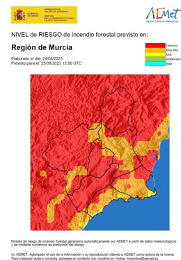 El nivel de riesgo de incendio forestal es extremo o muy alto este viernes en la Región de Murcia