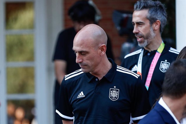 Luis Rubiales is seen during the reception of Pedro Sanchez, First Minister of Spain, to the players and staff of Spain Women Team as World Champions after winning the FIFA Women's World Cup Australia & New Zealand 2023 at Palacio de la Moncloa on august 