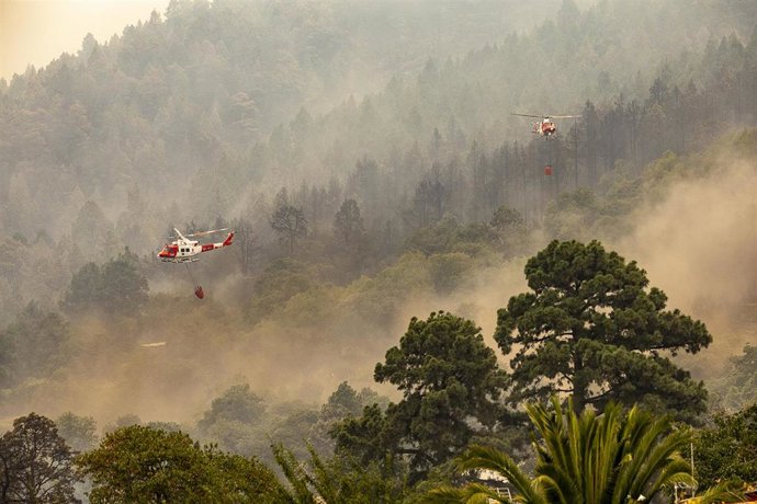 Helicópteros trabajan en la extinción del incendio forestal de Tenerife