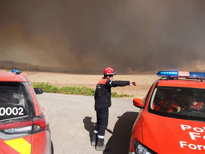 Un bombero trabaja en la extinción del incendio, a 24 de agosto de 2023, en Artajona, Navarra (España).