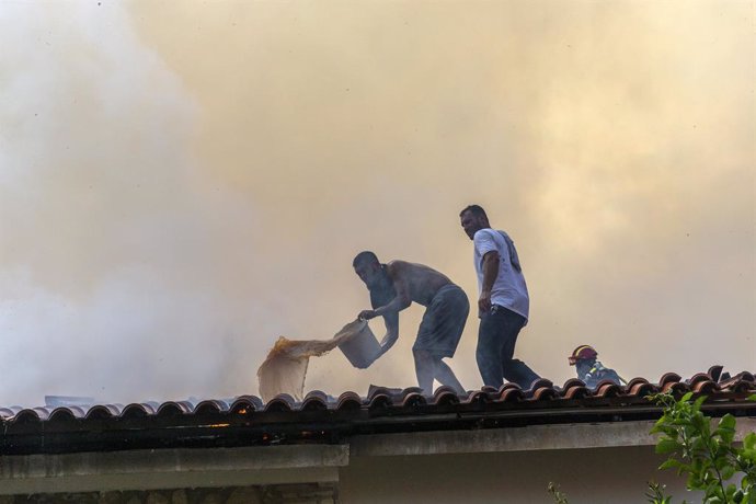 ATHENS, Aug. 23, 2023  -- Volunteers try to control a wildfire near Athens, Greece, on Aug. 23, 2023. Wildfires raging around Greece's capital spread to the Mount Parnitha National Park, northwest of Athens, on Wednesday, the Fire Brigade said. The blaz