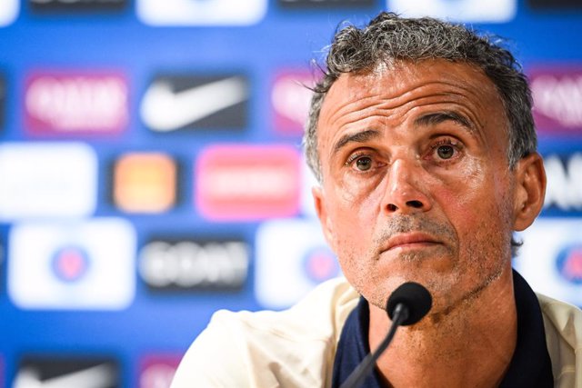 Luis ENRIQUE of PSG during a press conference on August 18, 2023 at Campus PSG in Poissy, France - Photo Matthieu Mirville / DPPI