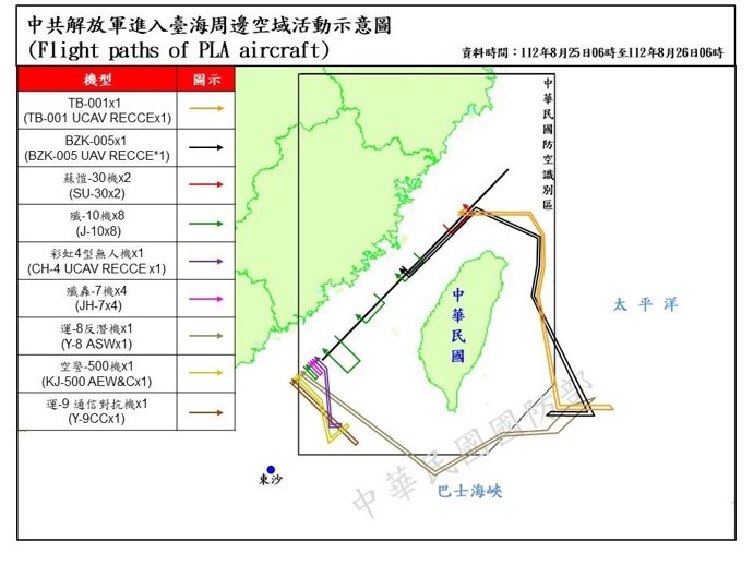 Mapa de la trayectoria del vuelo de los cazas del Ejército de la República Popular de China monitorizados por el Ministerio de Defensa de Taiwán