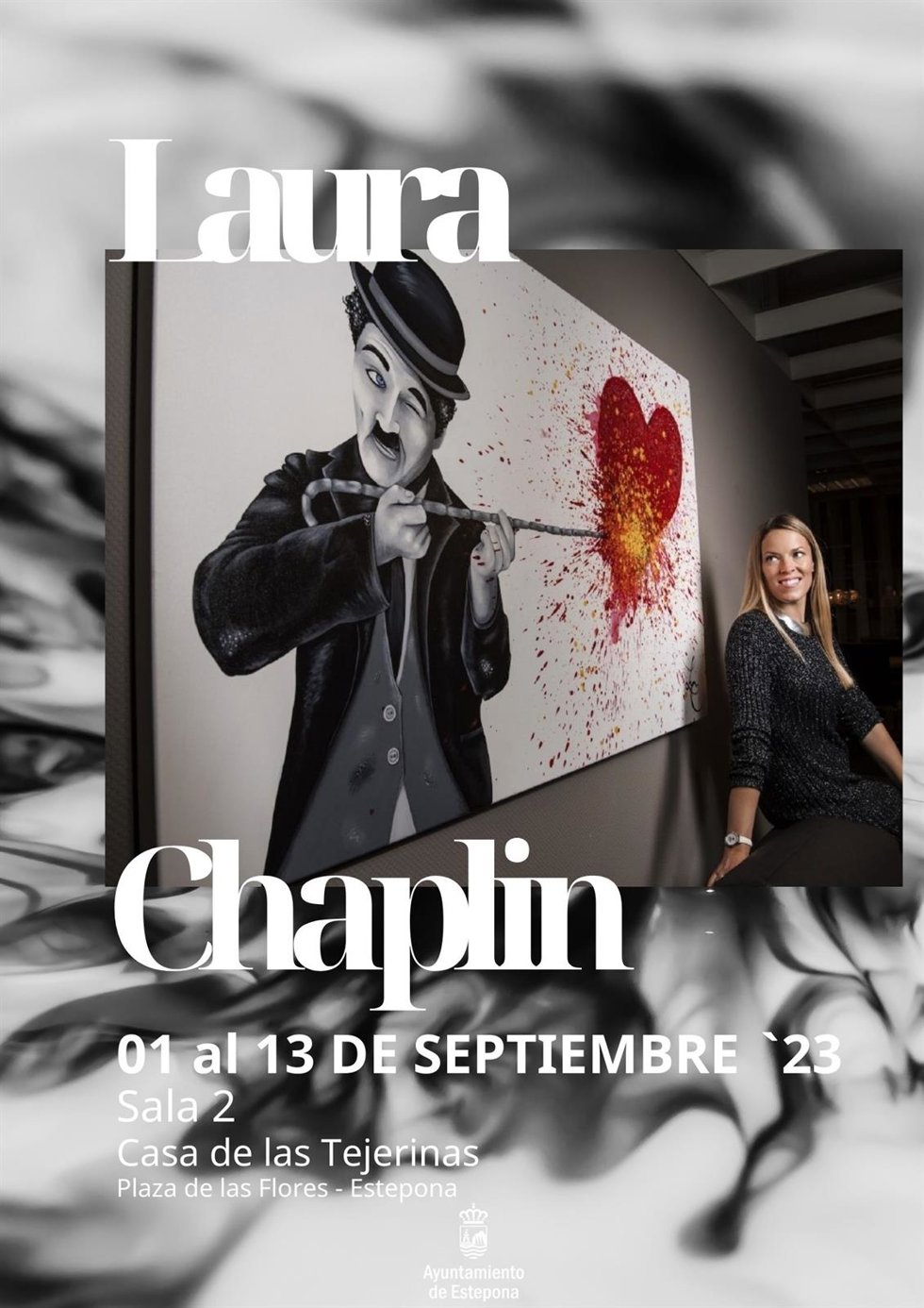 Cartel de la exposición de pinturas de la artista Laura Chaplin en Estepona
