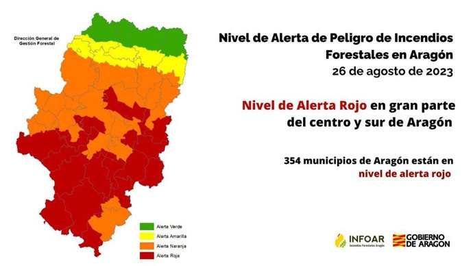 Mapa de riesgo de incendios forestales en Aragón.