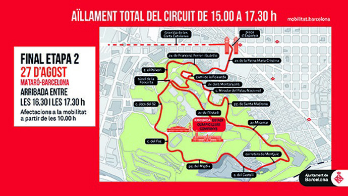Mapa de las afectaciones de la Vuelta Ciclista en Barcelona este domingo.