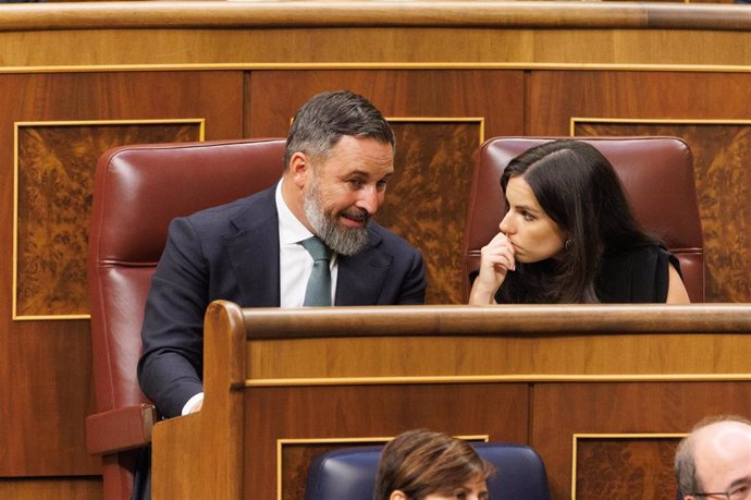 El líder de Vox, Santiago Abascal, y la nueva portavoz de Vox en el Congreso, Pepa Millán, durante la Sesión Constitutiva