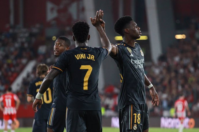 Vinicius Junior of Real Madrid celebrates a goal during the Spanish league, La Liga EA Sports, football match played between UD Almeria and Real Madrid at Power Horse stadium on August 19, 2023, in Almeria, Spain.