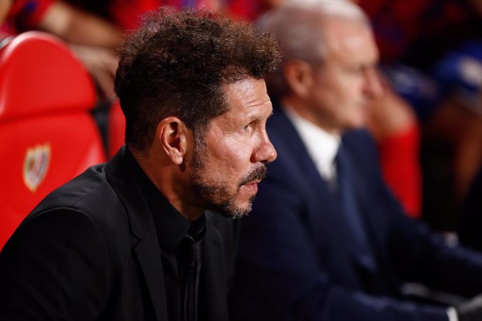 Diego Pablo Simeone, head coach of Atletico de Madrid, looks on during the spanish league, La Liga EA Sports, football match played between Rayo Vallecano and Atletico de Madrid at Estadio de Vallecas on August 28, 2023, in Madrid, Spain.