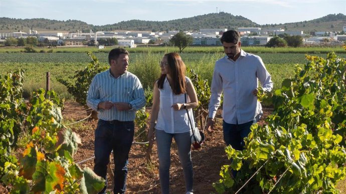 El director general de Política Agraria Común, Juan Pedro Vera (i), durante su visita a la finca de un joven agricultor en Caravaca de la Cruz