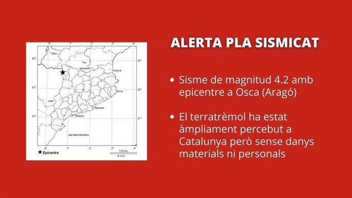 Alerta del Plan especial de emergencias sísmicas en Catalunya (Sismicat) activada por el terremoto de magnitud 4,2 con epicentro en Huesca (Aragón)