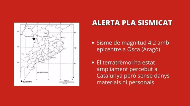 Alerta del Pla especial d'emergències sísmiques a Catalunya (Sismicat) activada pel terratrèmol de magnitud 4,2 amb epicentre a Osca (Aragó)