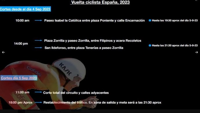 Información sobre los cortes de tráfico el día 5 de septiembre en Valladolid durante la etapa de la Vuelta a España.