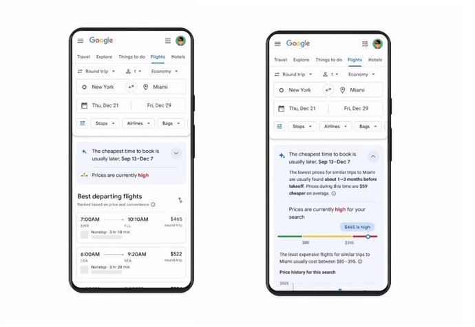 Interfaz de Google Vuelos con un nuevo sistema de notificaciones