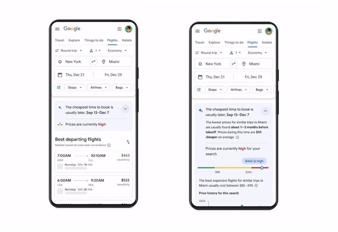 Interfaz de Google Vuelos con un nuevo sistema de notificaciones