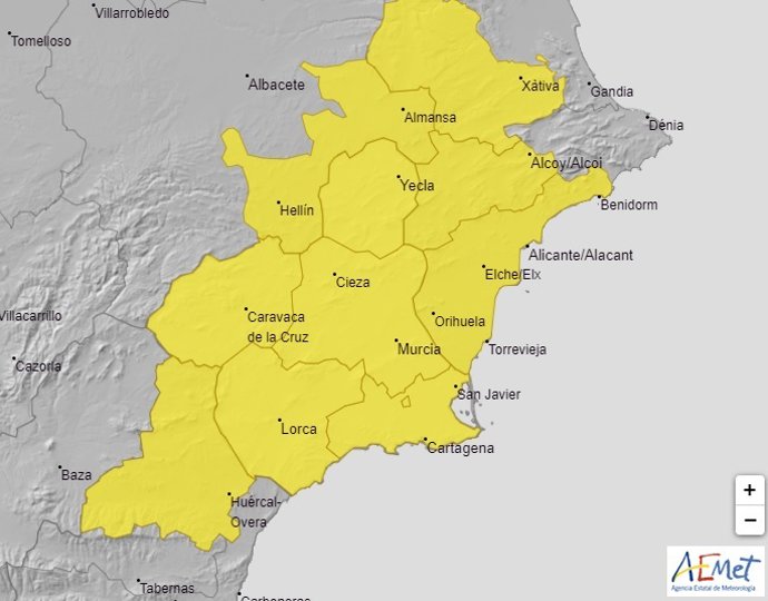 Toda la Región de Murcia estará en alerta amarilla este miércoles por lluvias y tormentas