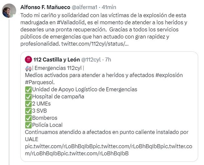 Mensaje de solidaridad de Alfonso Fernández Mañueco con los afectados en la explosión en la calle Juan de Valladolid del barrio vallisoletano de Parquesol.