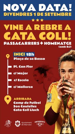 Cartel del homenaje a la campeona del mundo de fútbol Cata Coll celebrado este viernes por el Ayuntamiento de Marratxí
