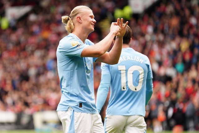 27 August 2023, United Kingdom, Sheffield: Manchester City's Erling Haaland celebrates scoring his side's first goal during the English Premier League soccer match between Sheffield United and Manchester City at Bramall Lane. Photo: Mike Egerton/PA Wire/d