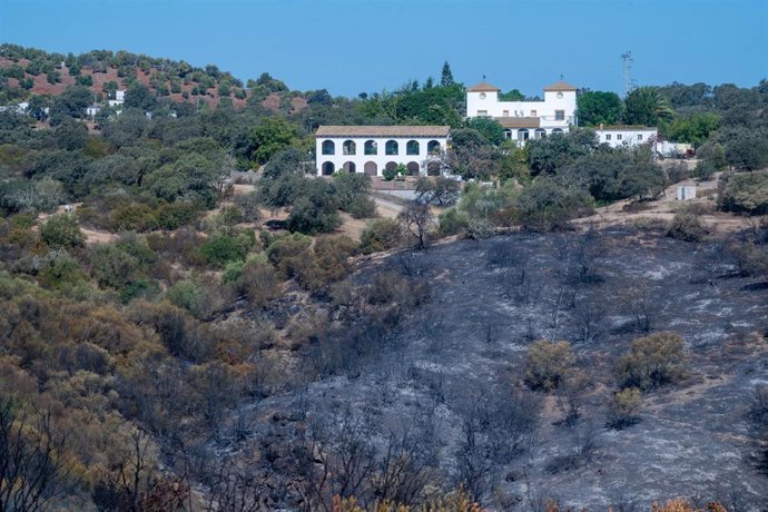 Vista aérea de la superficie afectada por el fuego, en el paraje de Las Alberquillas, en Lora, con un cortijo muy cerca de donde se originó el incendio.