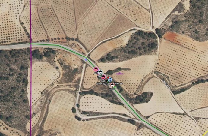 Localización del accidente en el que han resultado heridos seis trabajadores del campo, en Jumilla