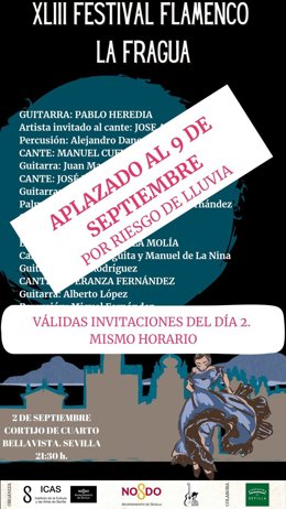 Cartel del festival flamenco de La Fragua , aplazado por las previsiones de lluvia.