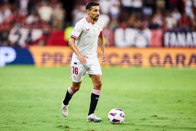Jesus Navas of Sevilla FC in action during the Spanish league, LaLiga EA Sports, football match played between Sevilla FC and Girona FC at Ramon Sanchez-Pizjuan stadium on August 26, 2023, in Sevilla, Spain.