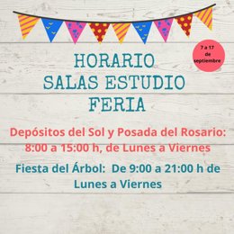 Cartel del un horario especial de Feria para las bibliotecas y salas de estudio.