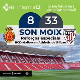 Cartel promocional de la EMT de Palma para promover el uso del transporte público para el partido RCD Mallorca-Athletic Club