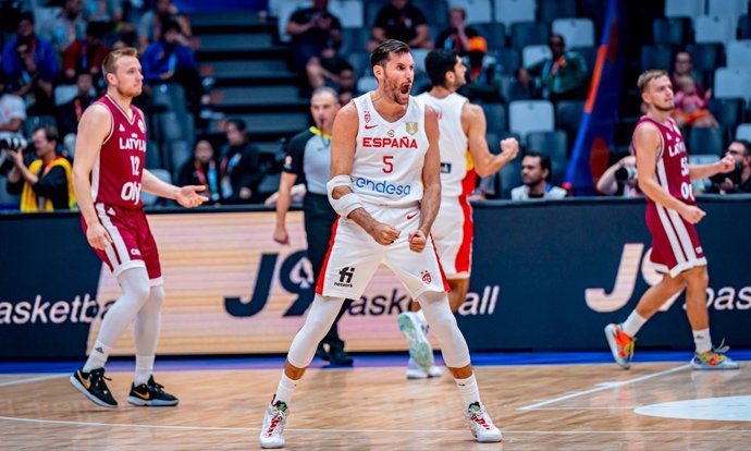 Rudy Fernández, ante Letonia en el Mundobasket 2023.