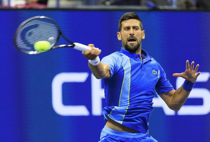 28 August 2023, US, New York: Serbian tennis player Novak Djokovic in action against France's Alexandre Muller during the US Open tennis tournament men's singles first round match at the USTA Billie Jean King National Tennis Center. Photo: Javier Rojas/