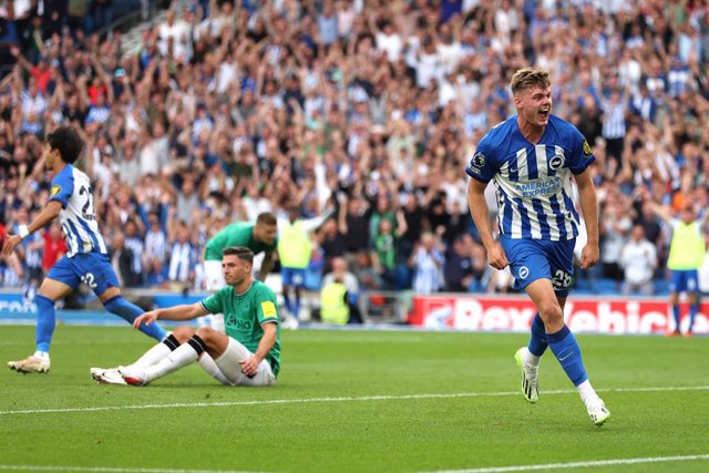 02 September 2023, United Kingdom, Brighton And Hove: Brighton and Hove Albion's Evan Ferguson celebrates scoring their side's first goal of the game during the English Premier League soccer match between Brighton & Hove Albion and Newcastle United at the