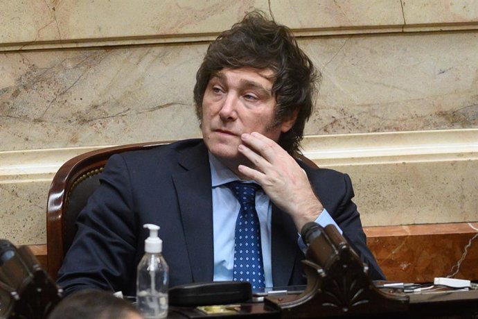 Archivo - August 2, 2022, Buenos Aires, Argentina: Javier Milei, Member of the Chamber of Deputies of Argentina reacts during the session. Sergio Massa attends Congress to resign from his position as head of the Chamber of Deputies, in order to become t