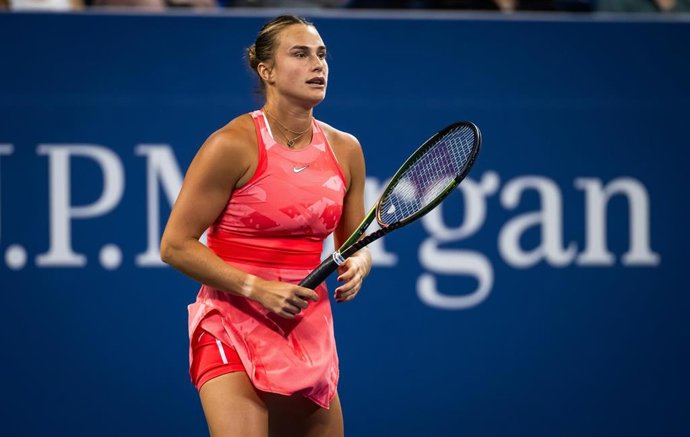 Aryna Sabalenka of Belarus in action during the first round of the 2023 US Open Grand Slam tennis tournament
