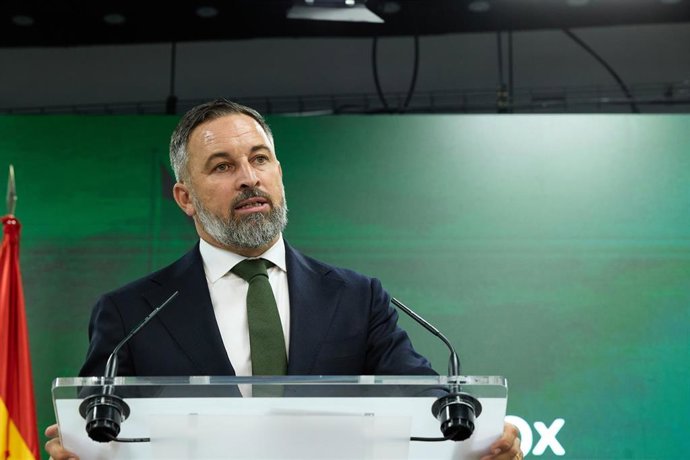 El presidente de Vox, Santiago Abascal, durante una rueda de prensa posterior a la reunión del Comité de Acción Política 