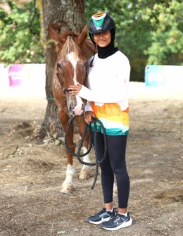 First Indian young lady rider Nida Anjum Chelat with her companion horse Epsilonn Salou at the FEI Equestrian World Endurance Championship for Young riders and Juniors, Castelsagrat, France, Sep 2, 2023