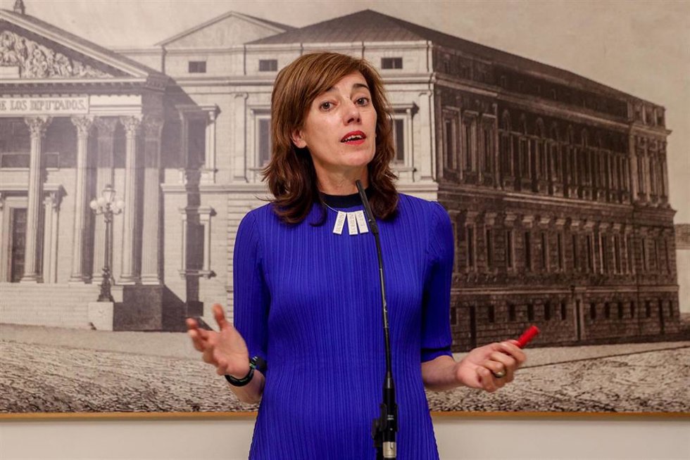 La portavoz parlamentaria de Sumar, Marta Lois, ofrece declaraciones en el Congreso de los Diputados, a 14 de agosto de 2023, en Madrid (España). 