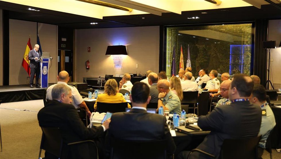 El director general de la Policía, Francisco Pardo, en una reunión en Madrid con responsables antidroga de varios países