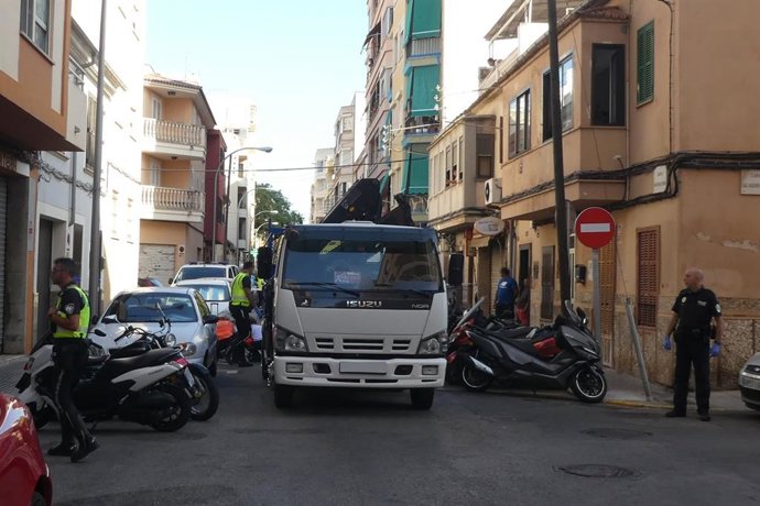 Agentes de la Policía Local junto al vehículo causante del atropello.