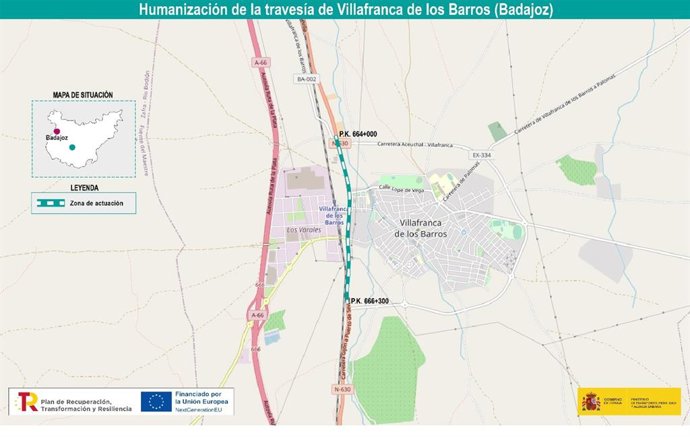 Proyecto del MITMA para la travesía de la N-630 en Villafranca de los Barros.