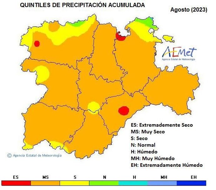 Mapa elaborado por la Aemet sobre las precipitaciones registradas en CyL en el mes de agosto de 2023