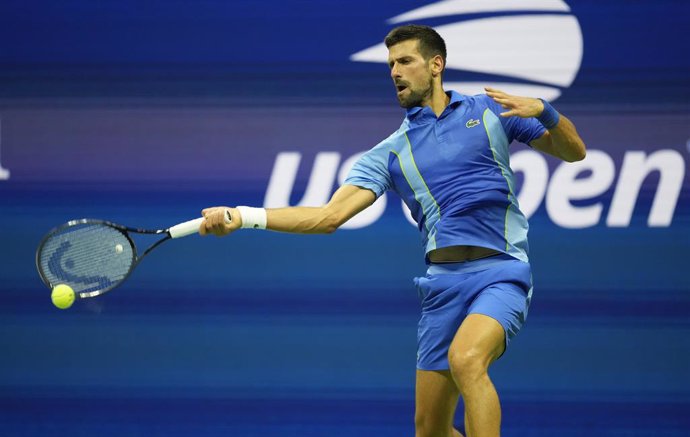 03 September 2023, US, New York: Serbian tennis player Novak Djokovic in action against Croatia's Borna Gojo during their Men's Singles round of 16 match of the 2023 US Open at the USTA Billie Jean King National Tennis Center. Photo: Leslie Billman/CSM 