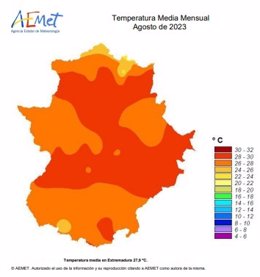 Gráfico sobre temperatura media mensual en agosto de 2023 en Extremadura