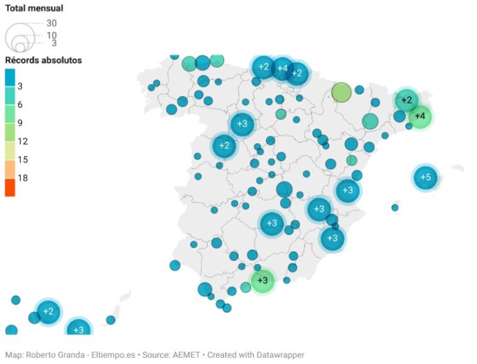 Número de récords absolutos (color) y mensuales (tamaño) en el verano de 2023.