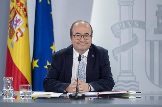 El ministro de Cultura y Deporte, Miquel Iceta, durante una rueda de prensa posterior a la reunión del Consejo de Ministros, en el Palacio de la Moncloa, a 29 de agosto de 2023, en Madrid (España). Durante la comparecencia, Iceta, ha reiterado que el Go