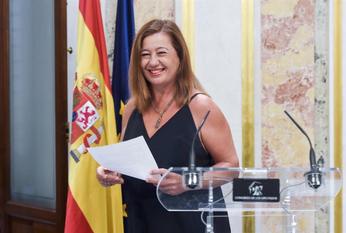 La presidenta del Congreso de los Diputados, Francina Armengol, tras realizar una declaración en el Escritorio de Prensa del Congreso de los Diputados, a 23 de agosto de 2023, en Madrid 