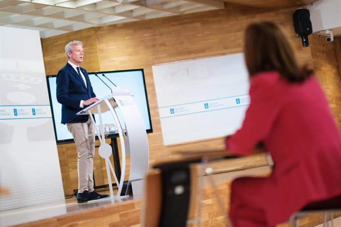 El presidente de la Xunta, Alfonso Rueda, en la rueda de prensa posterior al Consello