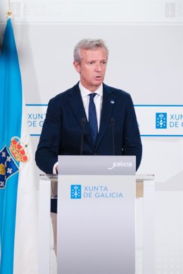 El presidente de la Xunta, Alfonso Rueda, en la rueda de prensa posterior a la reunión del Consello