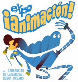 Cartel de la exposciión '¡Animación! De Garbancito de la Mancha a Robot Dreams' ilustrado por José Luis Ágreda